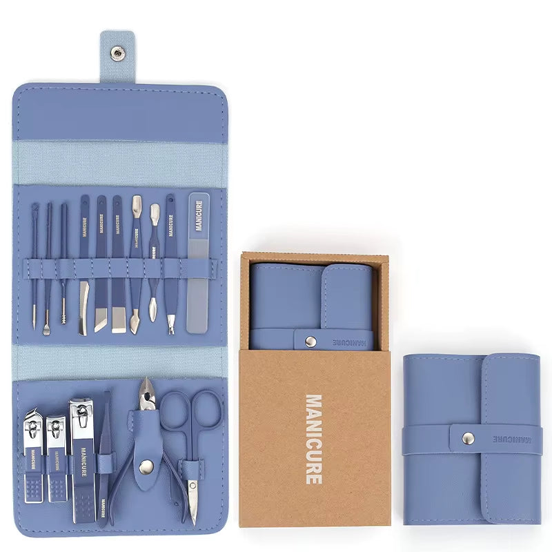 Professional Manicure Set 12/16 Pcs Full Function Kit Stainless Steel Pedicure Sets with Leather Portable Case Idea Gift