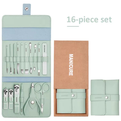 Professional Manicure Set 12/16 Pcs Full Function Kit Stainless Steel Pedicure Sets with Leather Portable Case Idea Gift