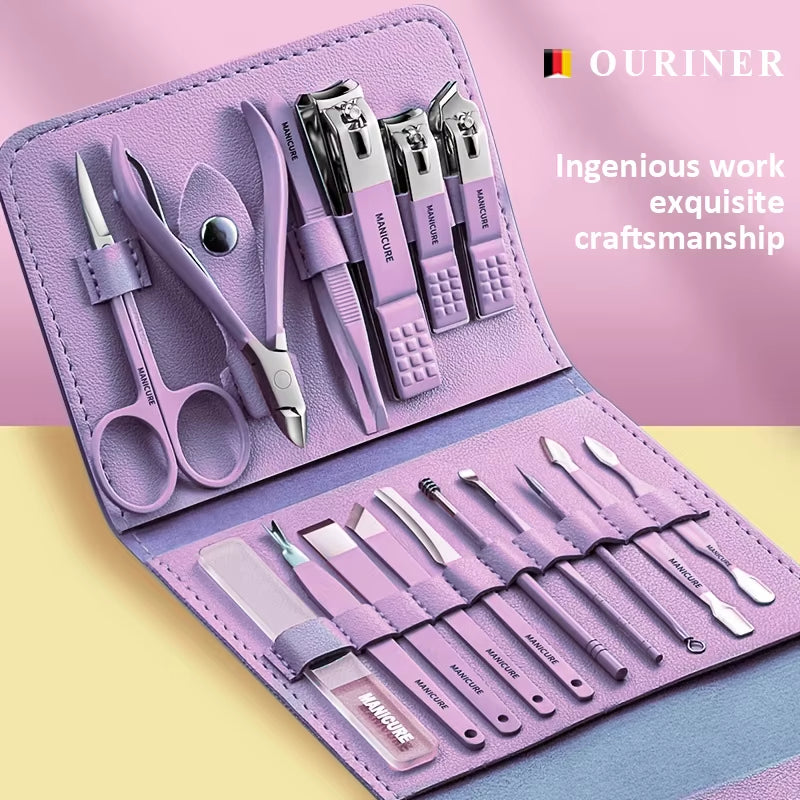 Professional Manicure Set 12/16 Pcs Full Function Kit Stainless Steel Pedicure Sets with Leather Portable Case Idea Gift